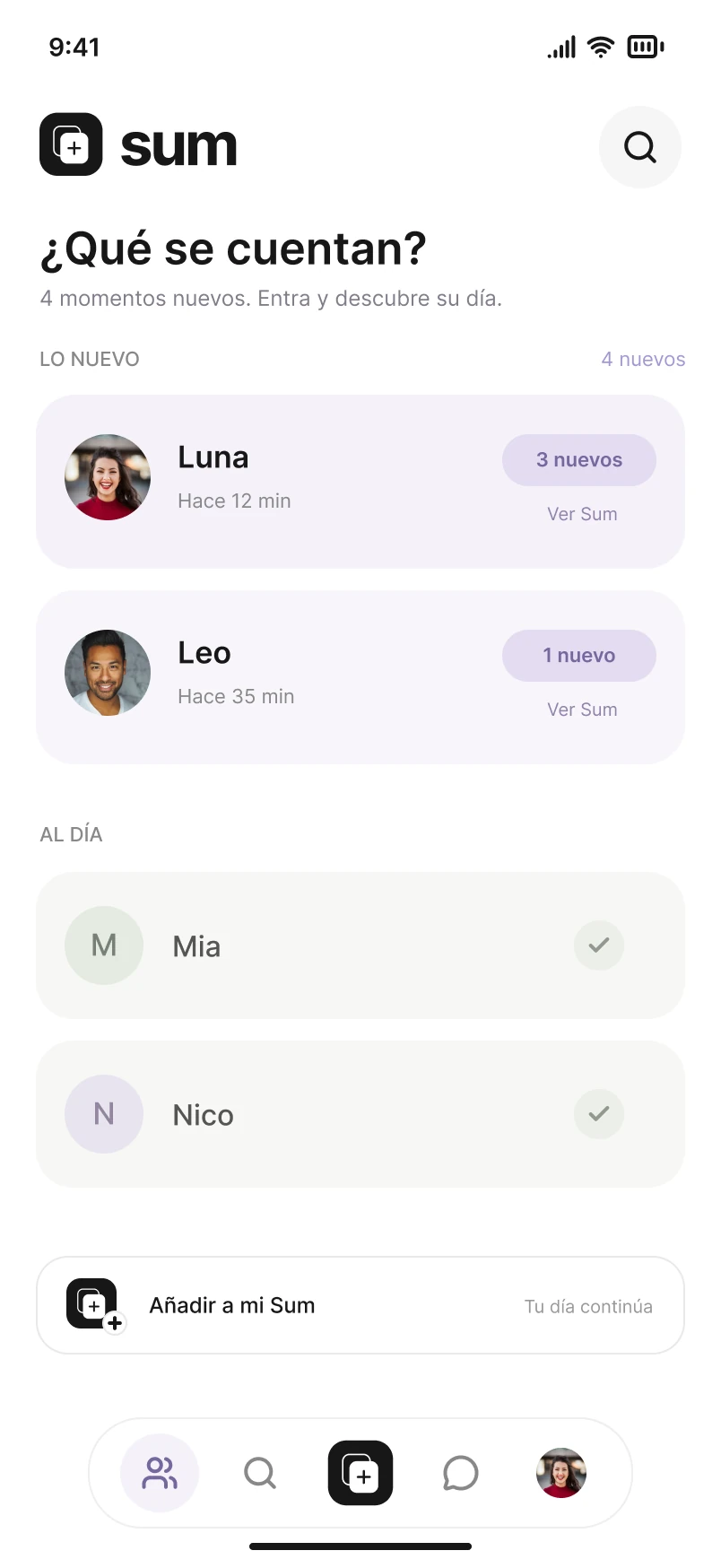 La pantalla principal de Sum, con los momentos nuevos de tus amigos.