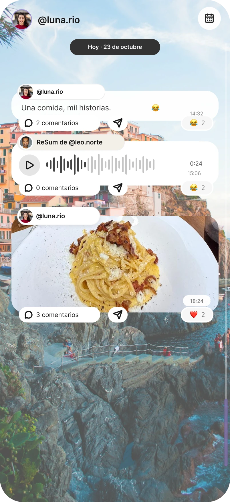 Un Sum con texto, un audio y la foto de una comida compartida.